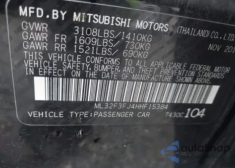 2017 Mitsubishi Mirage G4 Es z USA, uszkodzony, nr VIN ML32F3FJ4HHF15384